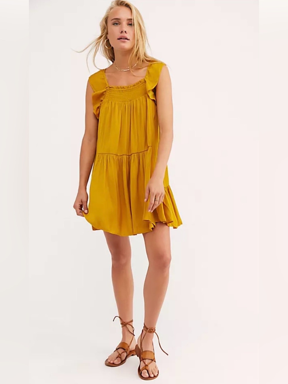 Free People Want Your Love Slip Dress Mustard Yellow Ruffle Tiered Sundress